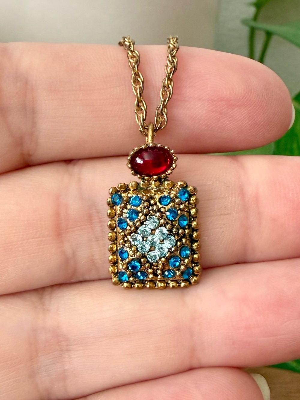 Vintage POGGI Victorian Revival Cabochon Crystal Pendant Signed French Necklace